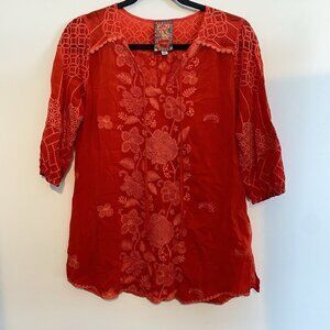 Johnny Was Women's Jolie Selena Tie Neck Tunic Top Size XXS Red Embroidered